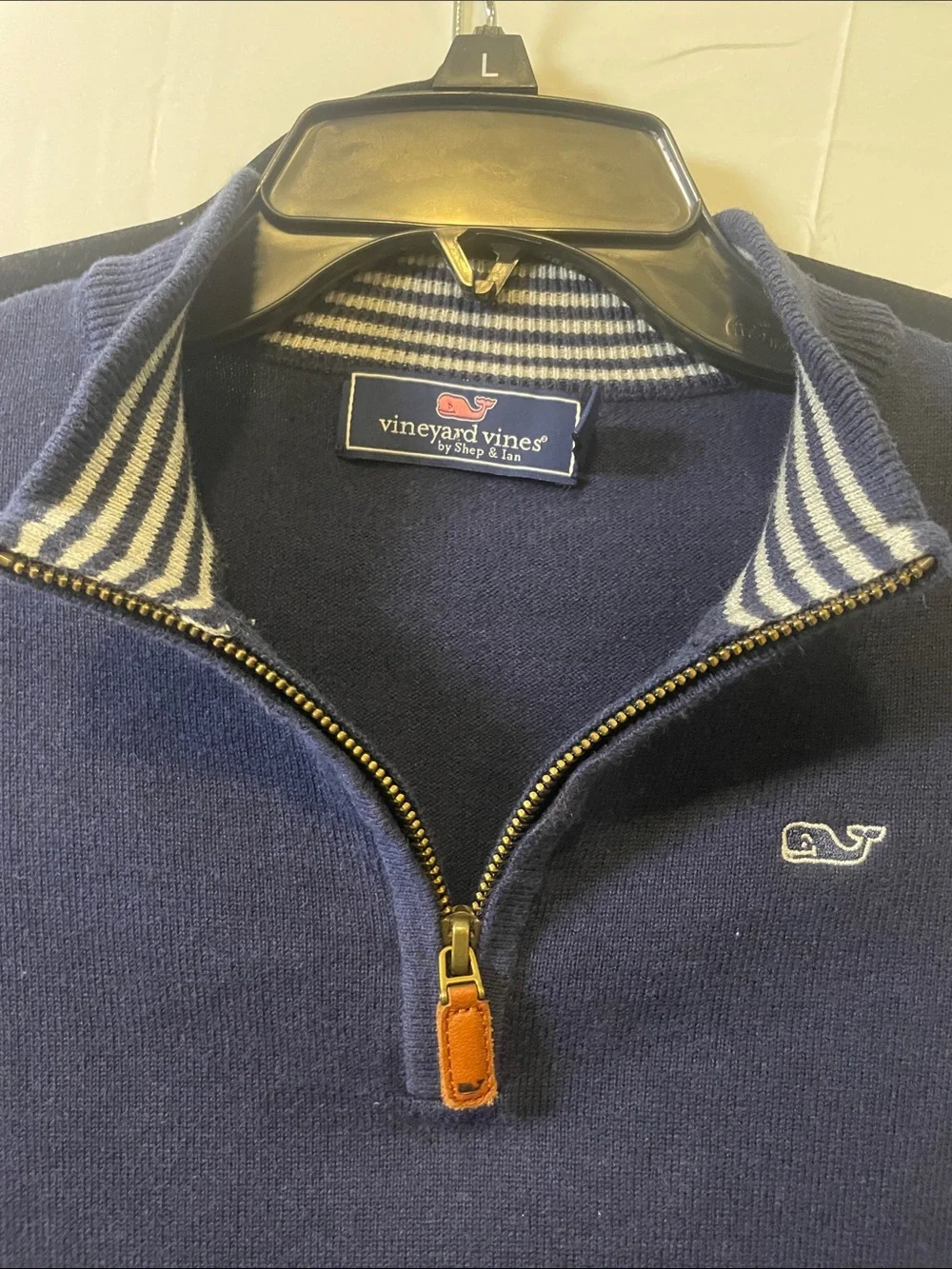 Vineyard Vines boys Navy Half-Zip Sweater with Leather Pull